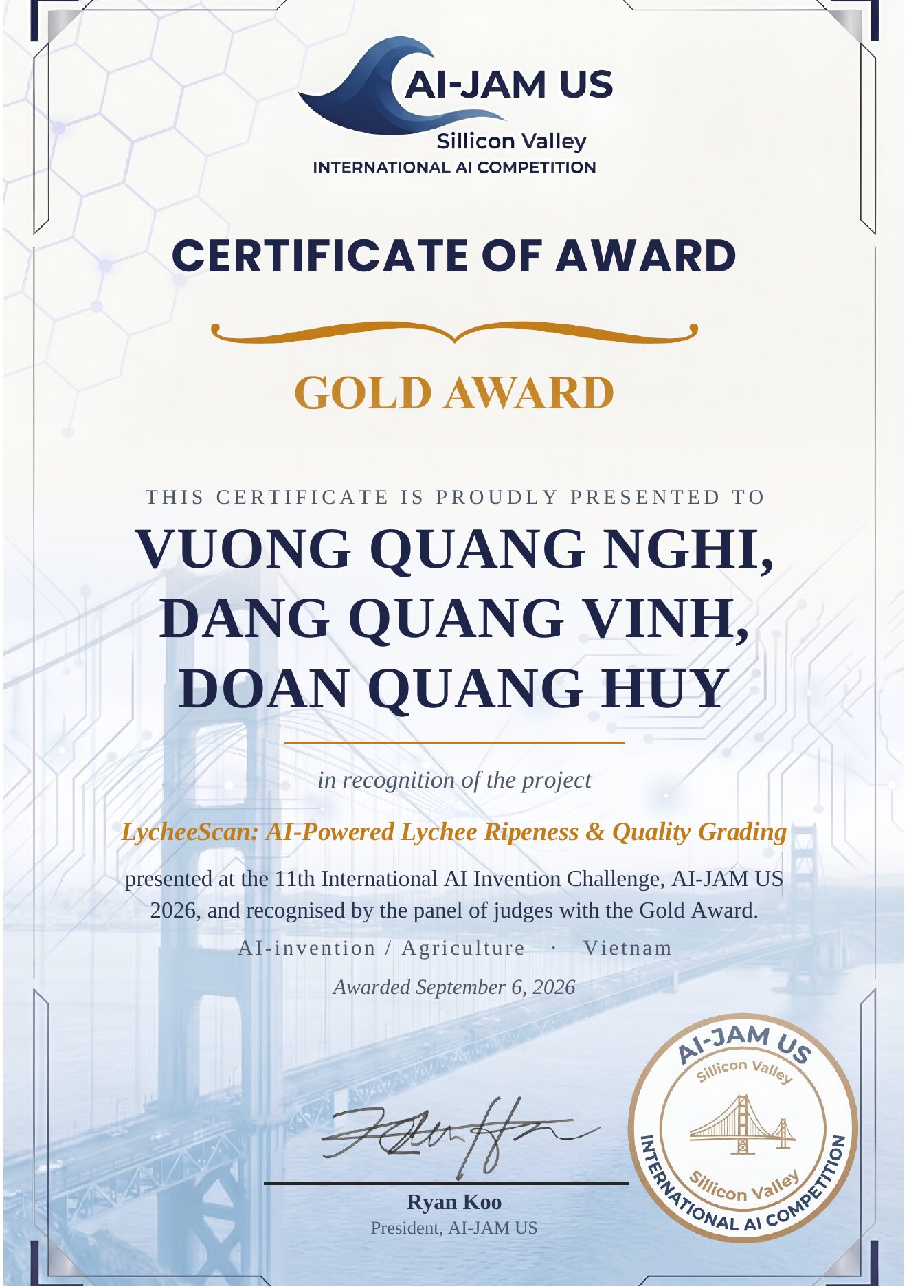 Gold Award certificate for Team LycheeScan at AI-JAM US 2026
